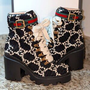 Gucci GG Tweed Snake Sole Boots Black Ivory 37 w/ Box & Dust Bags - Near Mint